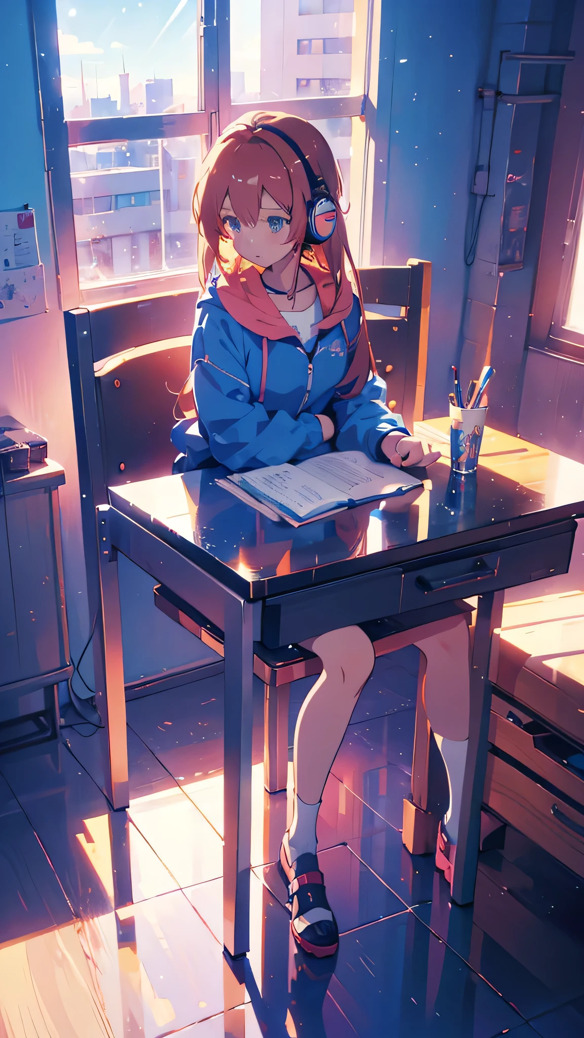 Anime girl sitting at a desk with headphones on and writing, Anime Style 4 k, Digital anime illustration, Digital anime art, Anime Style. 8k, Anime Moe Art Style, anime art wallpaper 4k, anime art wallpaper 4k, Anime Style illustration, Smooth anime CG art, detailed Digital anime art, Anime Art Wallpapers 8K, Realistic Anime 3D Style