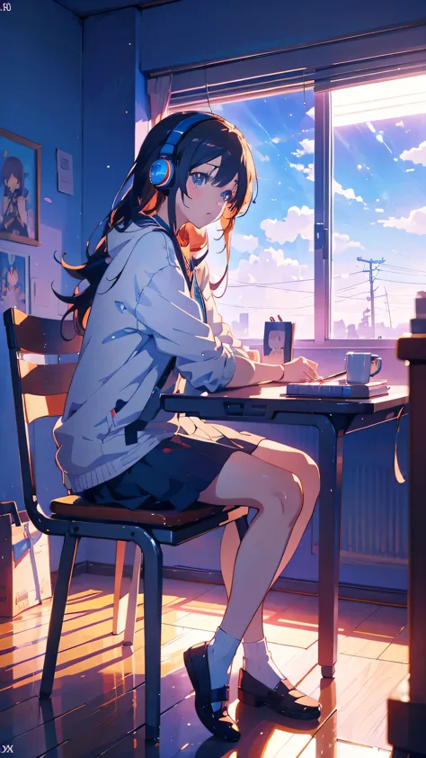 Anime girl sitting at a desk with headphones on and writing, Anime Style 4 k, Digital anime illustration, Digital anime art, Ani...