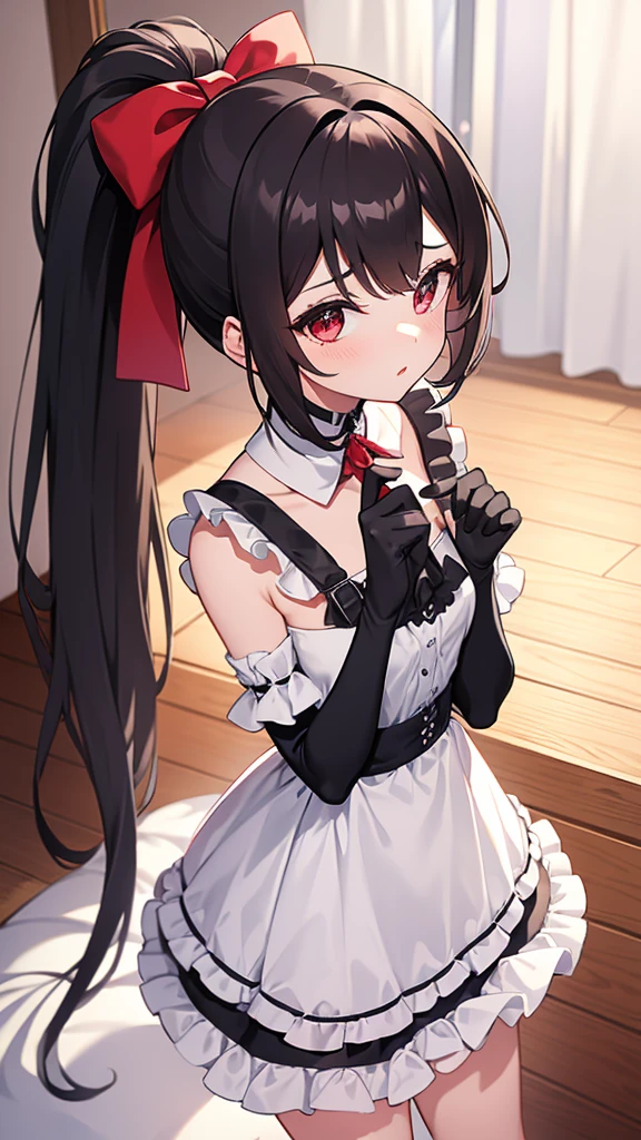 adulto, Cabello negro ondulado, mirada penetrante con ojos profundos de color rojo, estatura promedio, Silky hair with a ponytail hairstyle collected with a red bow with two white lines, tiene pechos grandes, primer plano, session, standing in the middle of his room [[[[Maid]]] , Sonrojada, muslos grandes, maid