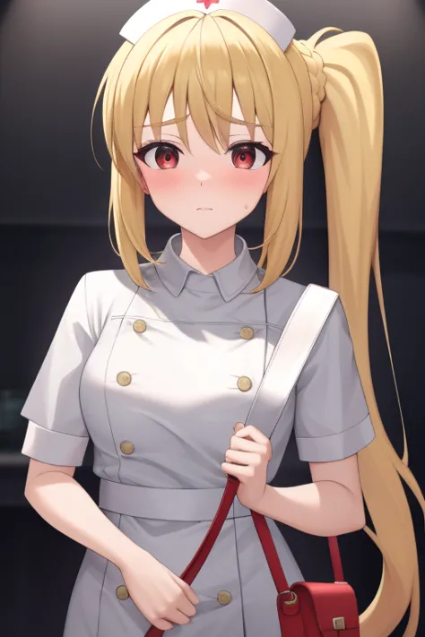 (masterpiece, highest quality:1.2), Blonde girl with red eyes,
 Side Ponytail, Full Bang,nurse cosplay,holding a bag
,Embarrasse...