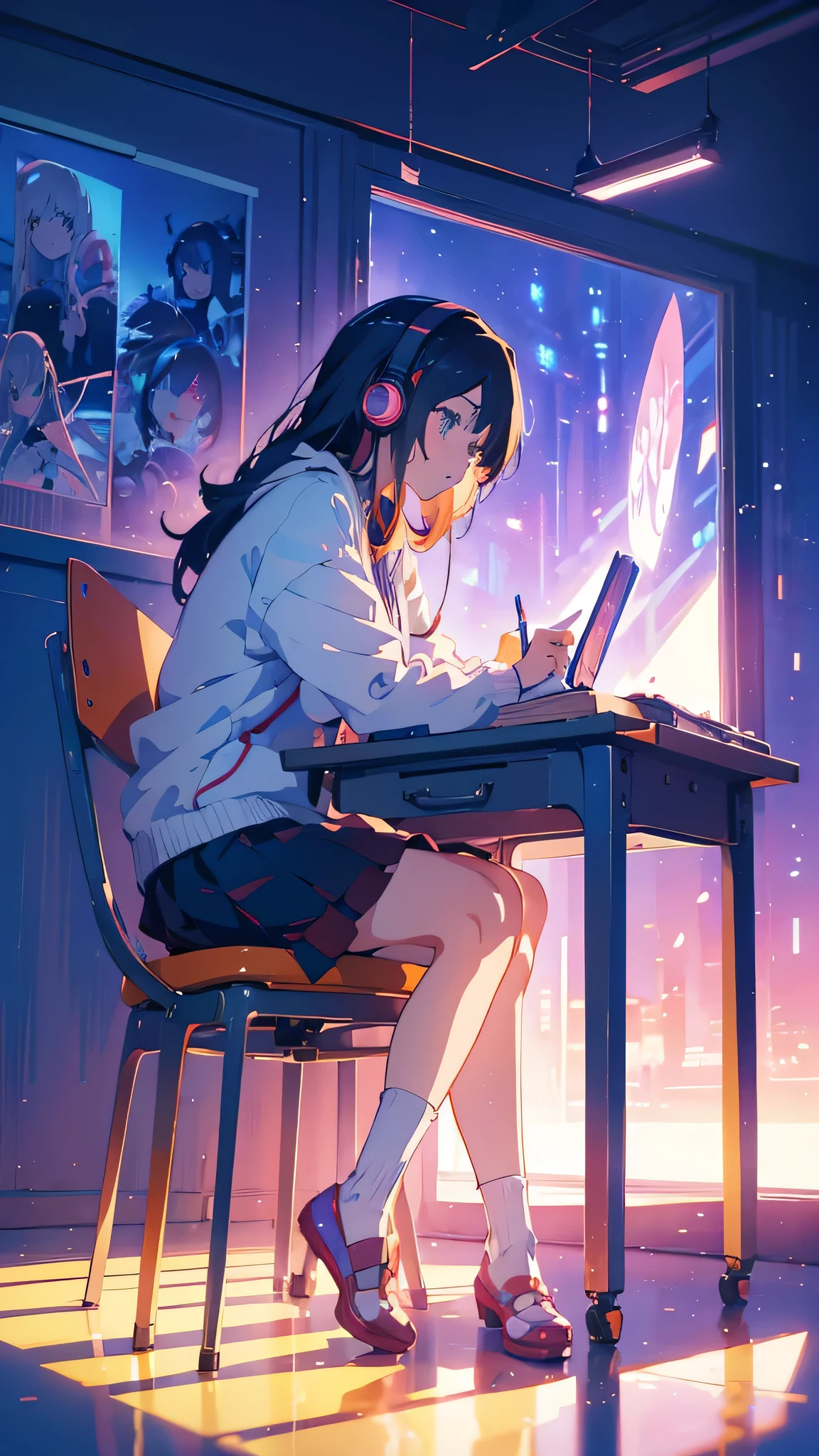 Anime girl sitting at a desk with headphones on and writing, Anime Style 4 k, Digital anime illustration, Digital anime art, Anime Style. 8k, Anime Moe Art Style, anime art wallpaper 4k, anime art wallpaper 4k, Anime Style illustration, Smooth anime CG art, detailed Digital anime art, Anime Art Wallpapers 8K, Realistic Anime 3D Style