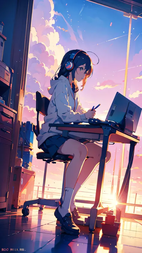 Anime girl sitting at a desk with headphones on and writing, Anime Style 4 k, Digital anime illustration, Digital anime art, Ani...