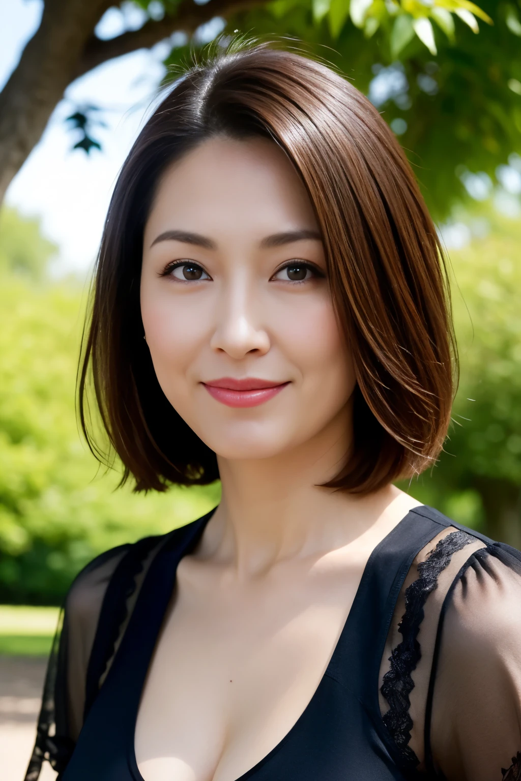 Dark brown hair, Light brown eyes, Japanese women, 40 years old, Intricate details, Upper body photo, (Detailed eyes), (Detailed facial features), highest quality, Ultra-high resolution, 8K resolution, Depth of written boundary, at the park, Medium sized breasts, Cleavage, Wearing a light blouse, (short hair), (View your viewers), (Standing in a sexy pose)