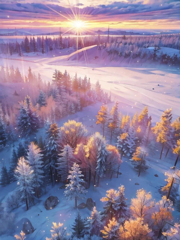 dynamic view, panoramic view, wide, cinematic, captures RAW quality, POV, aerial view over the expanse of a tundra where snow, grass and trees mix under the light of a dawn amidst the fog between the trees, camera lens effect, soft glow, perfect angle,