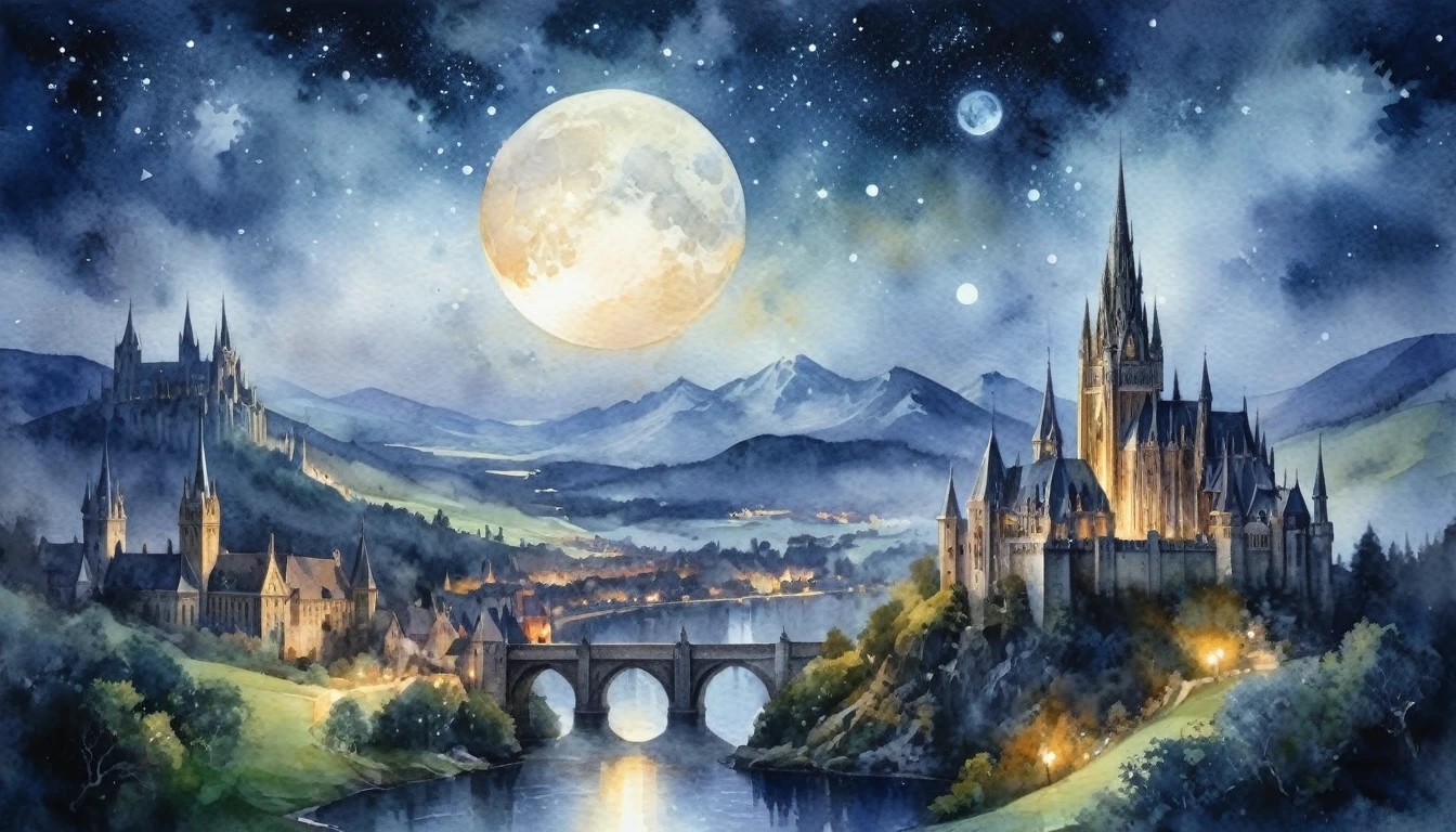 Watercolor painting, masterpiece in maximum 16K resolution, superb quality, highly detailed, vast Gothic landscape from the castle walls, spires and peaks, ((magic orbs)), moonlit starry night