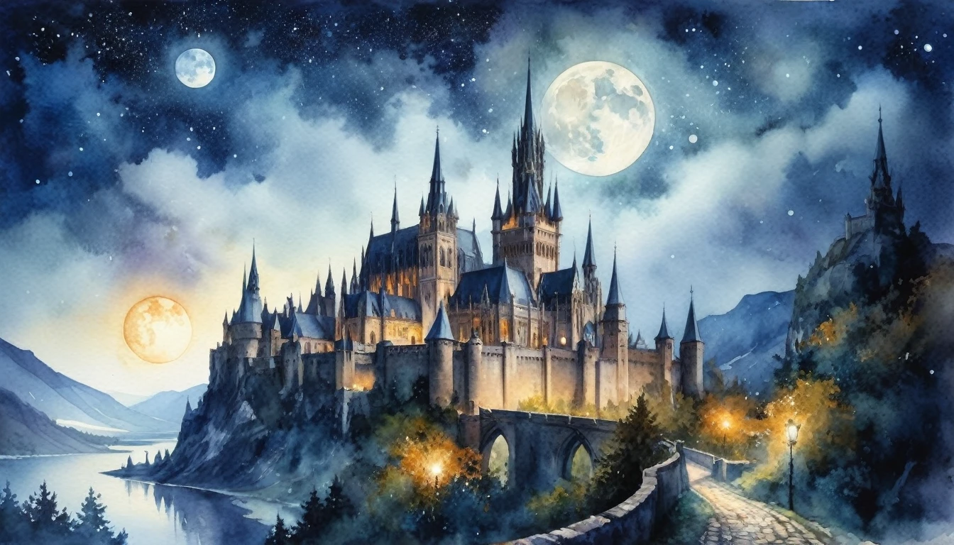 水彩畫, 最大16K解析度的傑作, 品質優良, 非常詳細, 從城堡城牆望去，廣闊的哥德式景觀, 尖頂和山峰, ((魔法球)), 月夜星夜