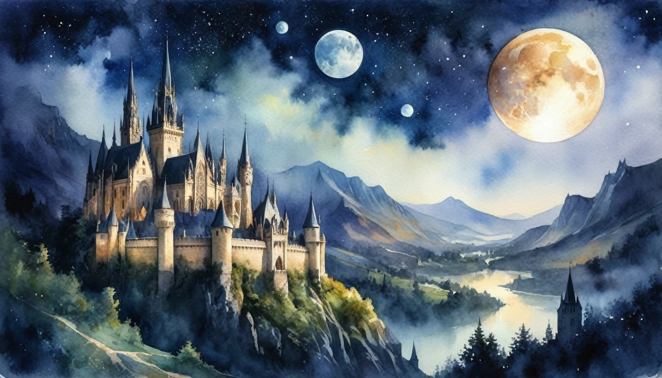 Watercolor painting, masterpiece in maximum 16K resolution, superb quality, highly detailed, ((view from the castle wall with a blooming branch)), vast nature landscape with Gothic spires and snowy peaks, ((magic orbs)), grand ornate bridge over the river, twilight warm hues, serene atmosphere.