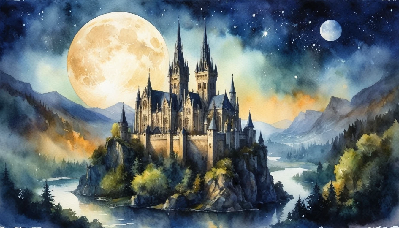 水彩畫, 最大16K解析度的傑作, 品質優良, 非常詳細, 從城堡城牆望去，廣闊的哥德式景觀, 尖頂和山峰, ((魔法球)), 月夜星夜
