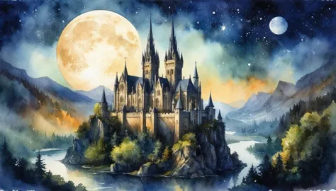 Watercolor painting, masterpiece in maximum 16K resolution, superb quality, highly detailed, vast Gothic landscape from the cast...