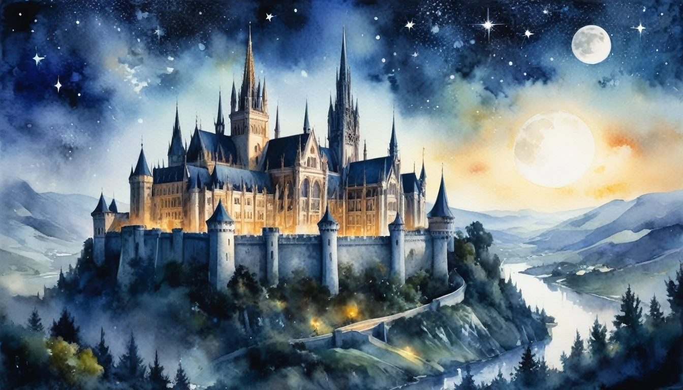 水彩畫, 最大16K解析度的傑作, 品質優良, 非常詳細, 從城堡城牆望去，廣闊的哥德式景觀, 尖頂和山峰, ((魔法球)), 月夜星夜
