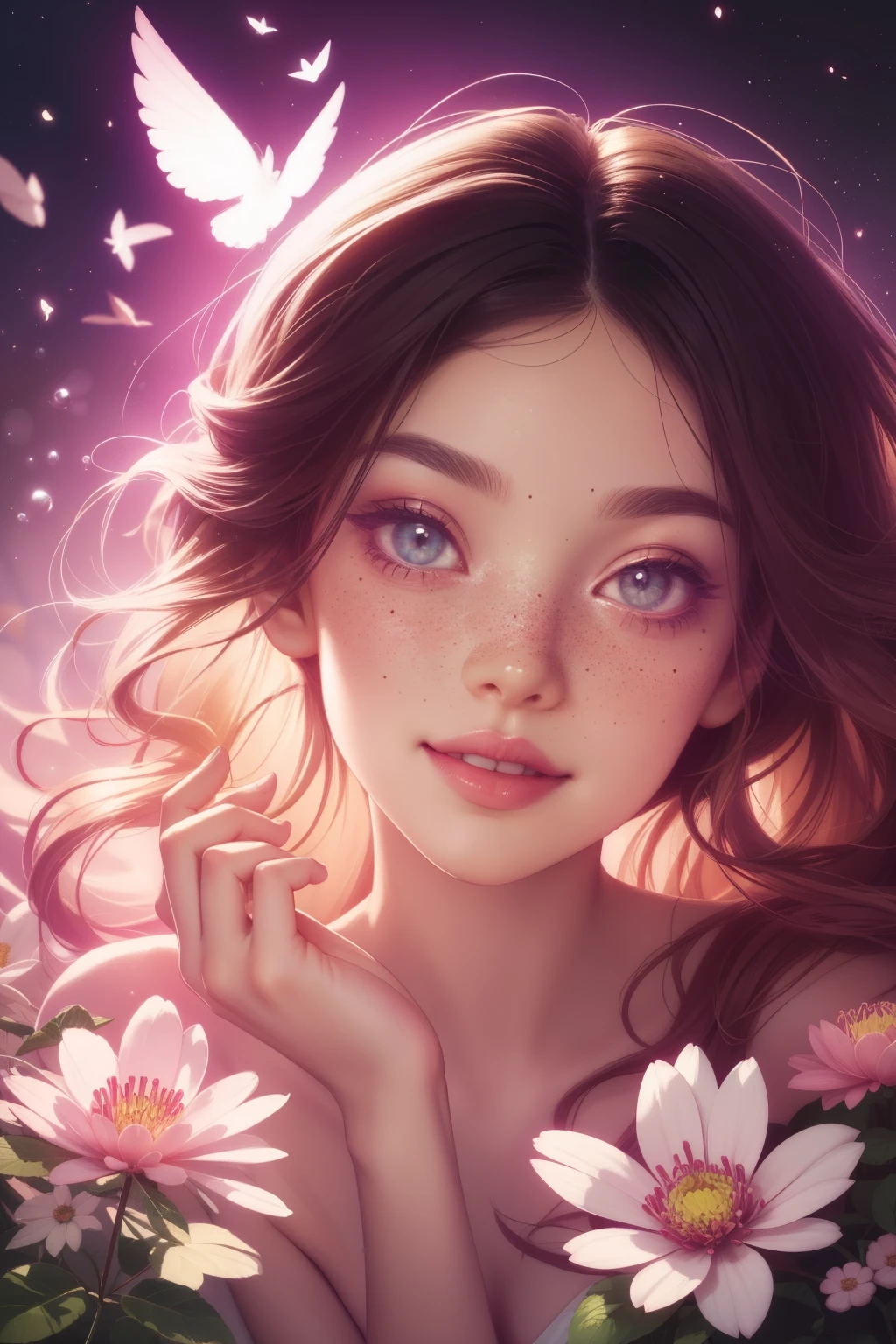 (This is a beautiful, intricate, elegant fantasy image that emphasizes beauty and grace.) Generate a blind curvy woman with milky eyes and soft natural freckles. Her face is important and should be (perfectly formed) with (beautiful puffy lips) and (perfect features). There is a cute freckle birthmark on her lip. The image exudes ethereal beauty and soft fantasy, with shimmering shades of pink throughout. Surround her with eternal roses in shimmering shades. Ensure perfection in her face, hair, and eyes. Include sweet and detailed birds and soft, luminous flowers and detailed roses. Utilize dynamic composition and dramatic lighting and cinematic lighting to create an interesting fantasy image. The background of the image is interesting and ultra-detailed, with soft fantasy lighting and gradients. Include fantasy details, cute aura, colorful, colourful, and interesting magical background. The image's background is decorated in shades of pink, shimmer, glitter, and fantasy details like colored bubbles and cosmos. Include subtle freckles, natural freckles and a diffused realistic skin tone. Incorporate elements of high fantasy, whimsy, and detailed elegance. English rose, princess, courtesan, noblewoman, sweet, lovely, calm, lovely, shimmering, glimmering, glittering, astrological fantasy, (((masterpiece))), (highest quality), magic rose, fantasy garden, beautiful face, perfect face, puffy lips, interesting, shy smile, fantasy elements, magic rose, beautiful eyes, perfect puffy lips, jewel tones, luminosity. Taken with a canon camera.