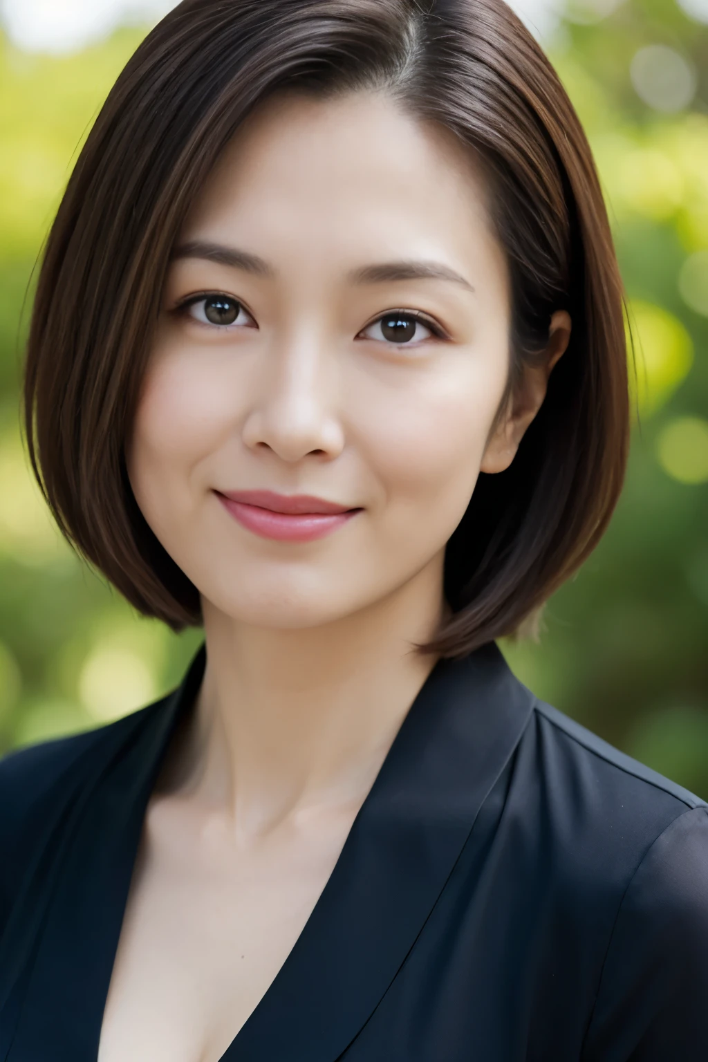 Dark brown hair, Light brown eyes, Japanese women, 40 years old, Intricate details, Upper body photo, (Detailed eyes), (Detailed facial features), highest quality, Ultra-high resolution, 8K resolution, Depth of written boundary, at the park, Medium sized breasts, Cleavage, Wearing a light blouse, (short hair), (View your viewers), (Standing in a sexy pose)