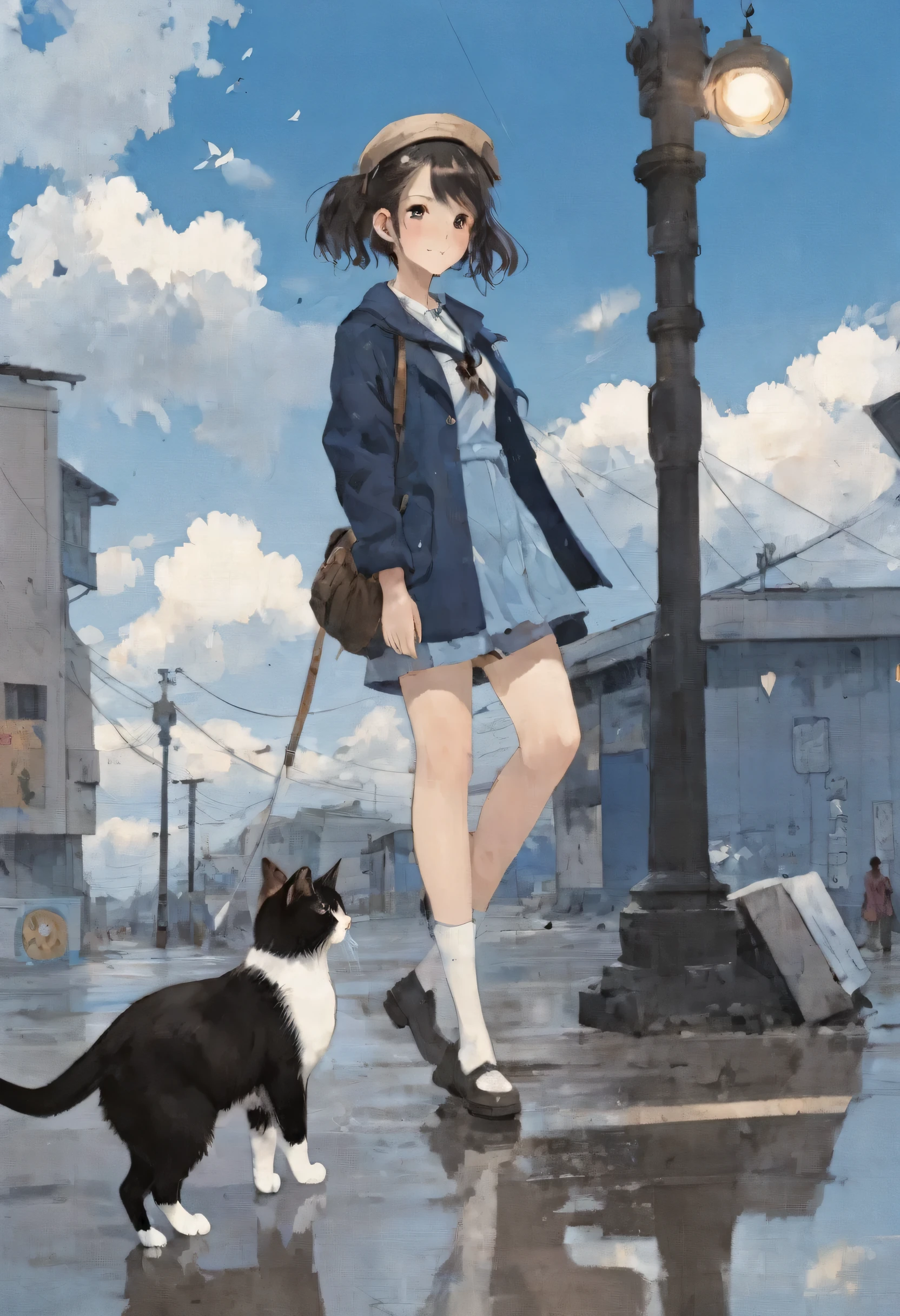 interesting,chaoasterpiece、
4-color palette,
A girl and a stray cat、Sky after rain、blue sky、A confident pose、watseixl
[(detailed:1.2): [ (many small detailed:1.3) : [ (many ultrasmall detailed: 1.2):(Highly detailed tiny edges and micro relief:1.5):0.7 ]: 0.4 ] :0.2]
 