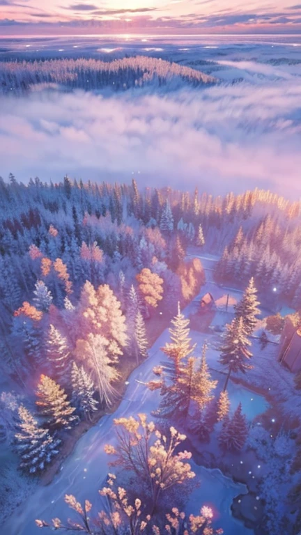 dynamic view, panoramic view, wide, cinematic, captures RAW quality, POV, aerial view over the expanse of a tundra where snow, grass and trees mix under the light of a dawn amidst the fog between the trees, camera lens effect, soft glow, perfect angle,