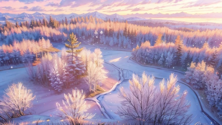 dynamic view, panoramic view, wide, cinematic, captures RAW quality, POV, aerial view over the expanse of a tundra where snow, grass and trees mix under the light of a dawn amidst the fog between the trees, camera lens effect, soft glow, perfect angle,