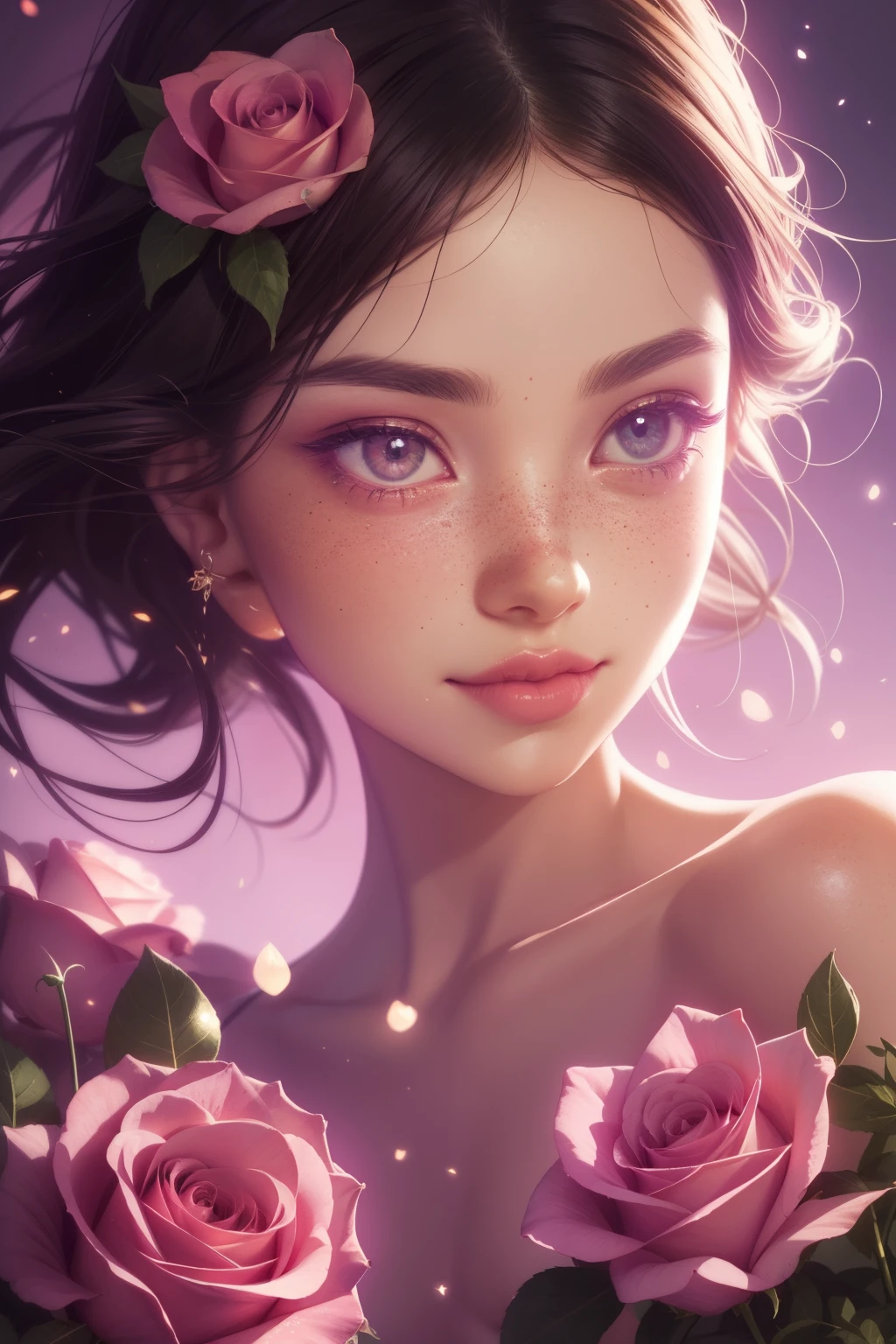 (This is a beautiful, intricate, elegant fantasy image that emphasizes beauty and grace.) Generate a blind curvy woman with milky eyes and soft natural freckles. Her face is important and should be (perfectly formed) with (beautiful puffy lips) and (perfect features). There is a cute freckle birthmark on her lip. The image exudes ethereal beauty and soft fantasy, with shimmering shades of pink throughout. Surround her with eternal roses in shimmering shades. Ensure perfection in her face, hair, and eyes. Include sweet and detailed birds and soft, luminous flowers and detailed roses. Utilize dynamic composition and dramatic lighting and cinematic lighting to create an interesting fantasy image. The background of the image is interesting and ultra-detailed, with soft fantasy lighting and gradients. Include fantasy details, cute aura, colorful, colourful, and interesting magical background. The image's background is decorated in shades of pink, shimmer, glitter, and fantasy details like colored bubbles and cosmos. Include subtle freckles, natural freckles and a diffused realistic skin tone. Incorporate elements of high fantasy, whimsy, and detailed elegance. English rose, princess, courtesan, noblewoman, sweet, lovely, calm, lovely, shimmering, glimmering, glittering, astrological fantasy, (((masterpiece))), (highest quality), magic rose, fantasy garden, beautiful face, perfect face, puffy lips, interesting, shy smile, fantasy elements, magic rose, beautiful eyes, perfect puffy lips, jewel tones, luminosity. Taken with a canon camera.