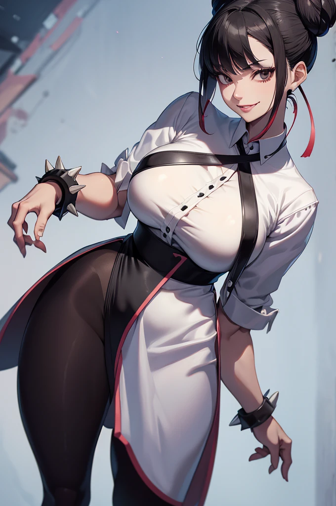 juri han, work of art, tight white secretary shirt with black tie, black high waist skirt, short skirt, short hair, black hair, black tights,evil smile
