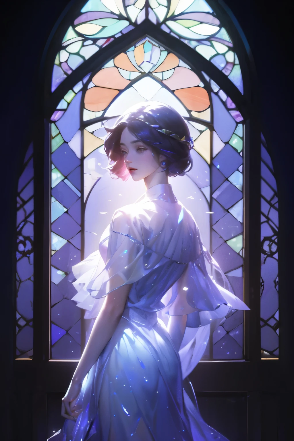 (masterpiece, Top quality, best quality,Official Art, beautiful and aesthetic:1.2),(1 Girl:1.3), 1 Girl BREAK stained glass art, Colored glass, lead, TranslucencyBREAK Bright colors, Complex design, Glow Effect, atmosphere