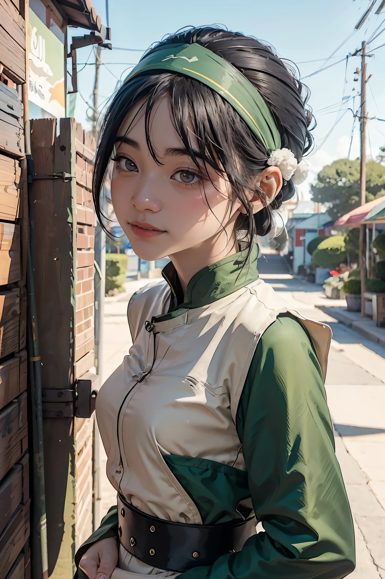 Toph beifong from アバター, ((トフ・ベイゴン)), アースベンダーの服, 地球の部族の服, トフの服, 大きな胸と広い腰, 完璧でふっくらとした唇, 見る人を見つめる丸い大きな目, ((コンドルの仕事)), 青白い肌, 湾曲した体,  アバター the legend of aang, アバター, アースベンダーの背景, 黒髪をヘッドバンドでまとめたお団子 , 細部への注意, 集中, 鋭さ, 不条理な詳細, リアリズム, hyper 集中, 完璧な指, きちんと描かれた唇, クリアな顔, パステル調の色, フルHD, 4K, 高解像度, ダイナミックなポーズ, クリアな顔s, ソフトな表現, 優しい笑顔  