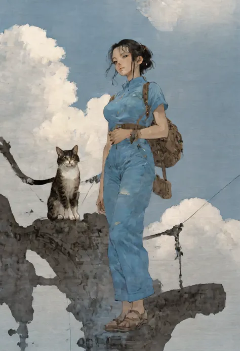 interesting、masterpiece、
34-color palette, katsuya terada style、
a girl and a stray cat、sky after rain、blue sky、a confident pose...