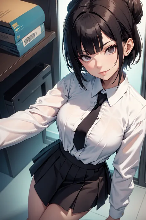 juri han, work of art, tight white secretary shirt with black tie, black high waist skirt, short skirt, short hair, black hair, ...