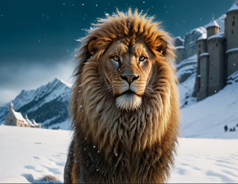  the chronicles of narnia, Aslan in the dense snow, cair paravel in the background, hyper-realistic close-up image, 8k resolutio...