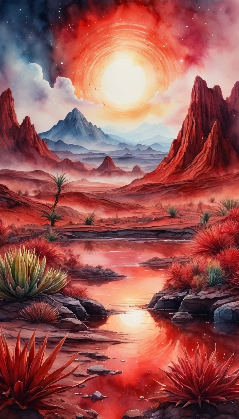 a beautiful alien landscape, watercolor painting, fantasy sci-fi scene, strange alien plants, red hills, green and yellow grass, supernova explosion in the sky, cinematic, dramatic lighting, light colors, intricate details, photorealistic, 8k, ultra-detailed, masterpiece, soft brush, watered colors and strokes