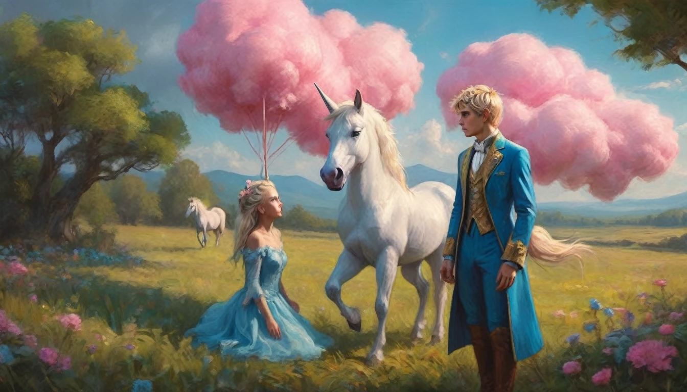 (Extreme complexity, two subjects)(subject 1: cryptic girl, blonde, high tech suit) (subject 2: elf companion, high fantasy regal outfit, very big eyes and ears) riding cotton candy pink unicorns, blue prairie, ethereal, fantasy, magical realism, highly detailed, 8k, cinematic lighting, vibrant colors, dramatic composition, intricate details, imaginative, cinematic perspective, surreal, dreamlike, whimsical, beautiful, magical, (best quality,4k,8k,highres,masterpiece:1.2),ultra-detailed,(realistic,photorealistic,photo-realistic:1.37)