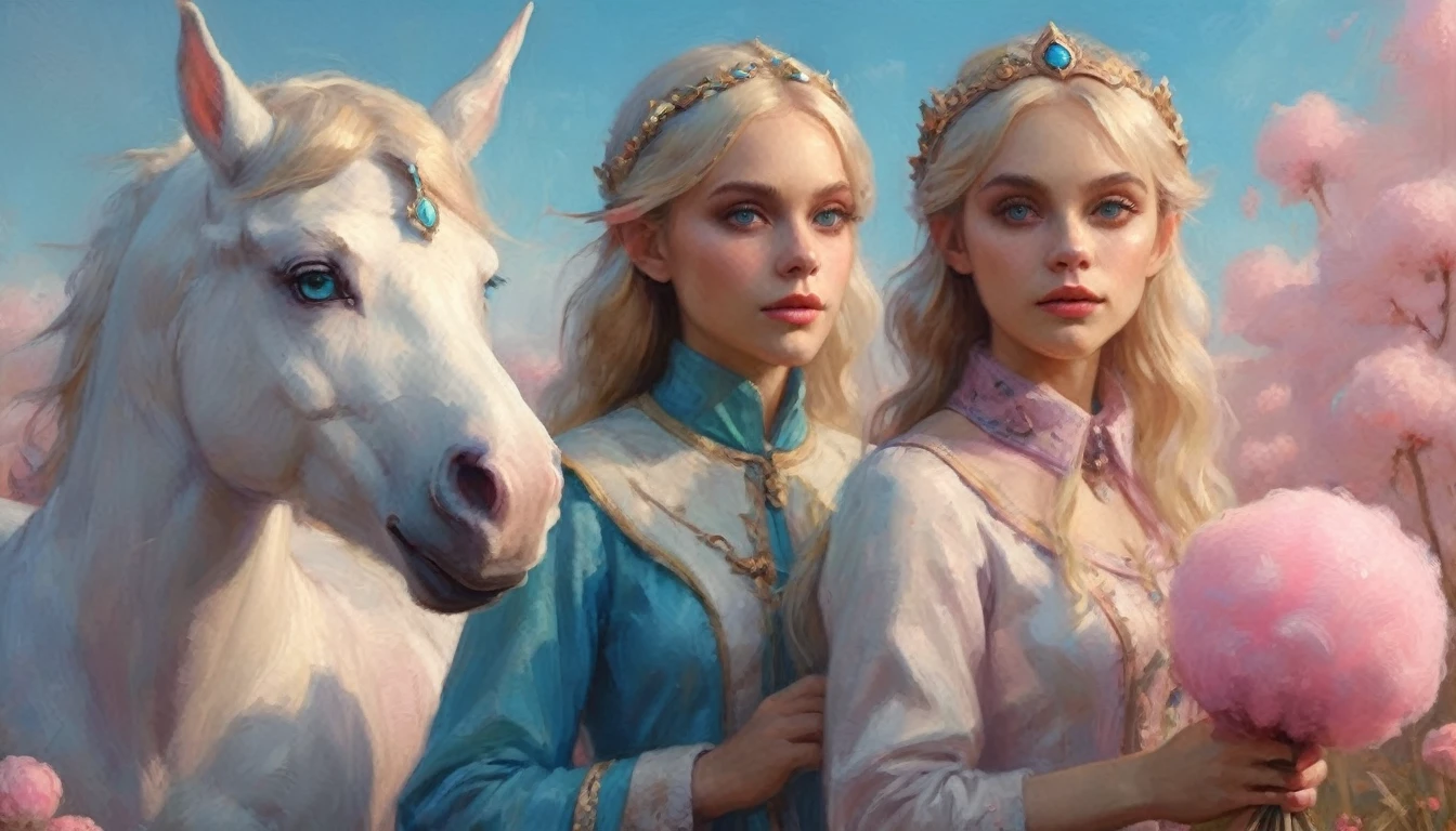 (Extreme complexity, two subjects)(subject 1: cryptic girl, blonde, high tech suit) (subject 2: elf companion, high fantasy regal outfit, very big eyes and ears) riding cotton candy pink unicorns, blue prairie, ethereal, fantasy, magical realism, highly detailed, 8k, cinematic lighting, vibrant colors, dramatic composition, intricate details, imaginative, cinematic perspective, surreal, dreamlike, whimsical, beautiful, magical, (best quality,4k,8k,highres,masterpiece:1.2),ultra-detailed,(realistic,photorealistic,photo-realistic:1.37)