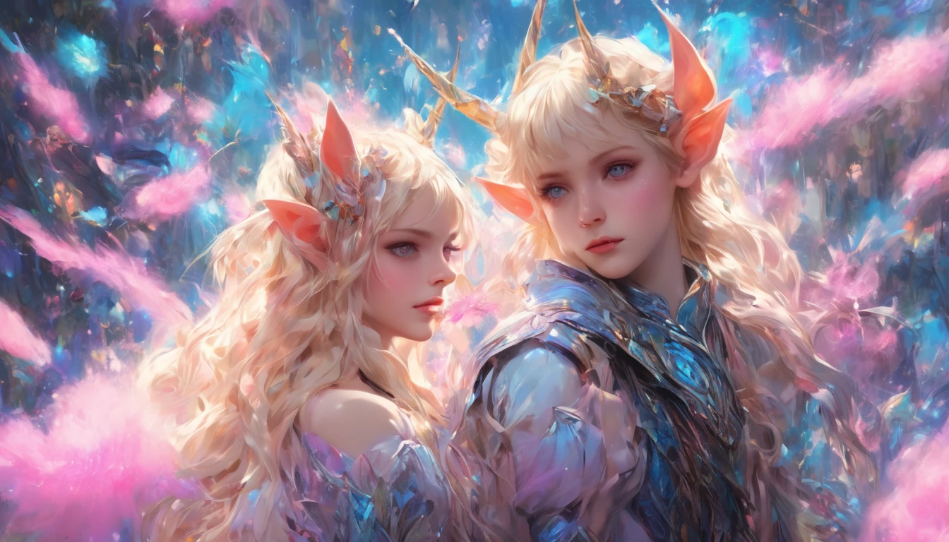 (Extreme complexity, two subjects)(subject 1: cryptic girl, blonde, high tech suit) (subject 2: elf companion, high fantasy regal outfit, very big eyes and ears) riding cotton candy pink unicorns, blue prairie, ethereal, fantasy, magical realism, highly detailed, 8k, cinematic lighting, vibrant colors, dramatic composition, intricate details, imaginative, cinematic perspective, surreal, dreamlike, whimsical, beautiful, magical, (best quality,4k,8k,highres,masterpiece:1.2),ultra-detailed,(realistic,photorealistic,photo-realistic:1.37)