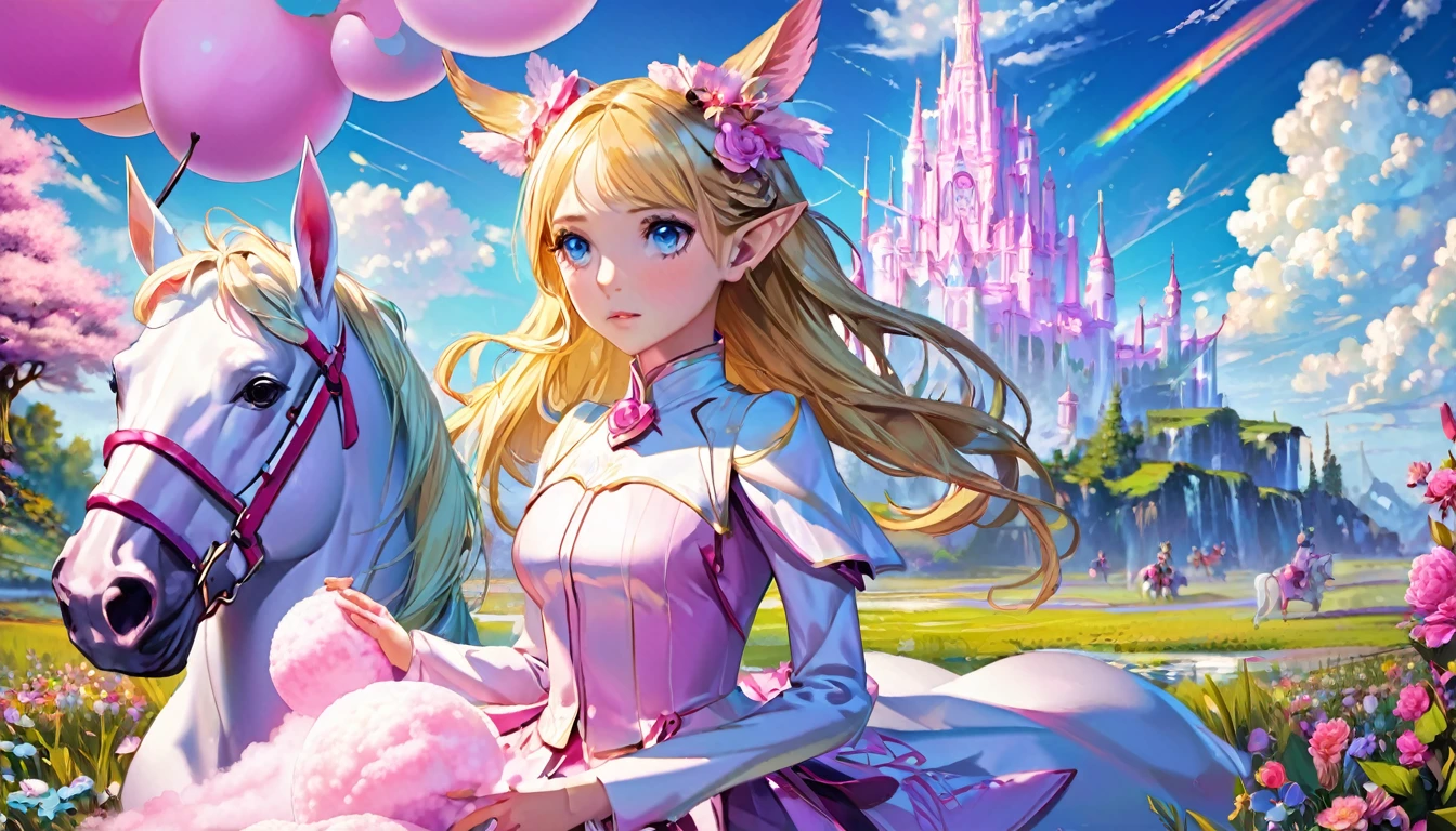 (Extreme complexity, two subjects)(subject 1: cryptic girl, blonde, high tech suit) (subject 2: elf companion, high fantasy regal outfit, very big eyes and ears) riding cotton candy pink unicorns, blue prairie, ethereal, fantasy, magical realism, highly detailed, 8k, cinematic lighting, vibrant colors, dramatic composition, intricate details, imaginative, cinematic perspective, surreal, dreamlike, whimsical, beautiful, magical, (best quality,4k,8k,highres,masterpiece:1.2),ultra-detailed,(realistic,photorealistic,photo-realistic:1.37)