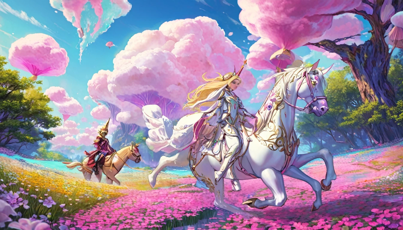 (Extreme complexity, two subjects)(subject 1: cryptic girl, blonde, high tech suit) (subject 2: elf companion, high fantasy regal outfit, very big eyes and ears) riding cotton candy pink unicorns, blue prairie, ethereal, fantasy, magical realism, highly detailed, 8k, cinematic lighting, vibrant colors, dramatic composition, intricate details, imaginative, cinematic perspective, surreal, dreamlike, whimsical, beautiful, magical, (best quality,4k,8k,highres,masterpiece:1.2),ultra-detailed,(realistic,photorealistic,photo-realistic:1.37)