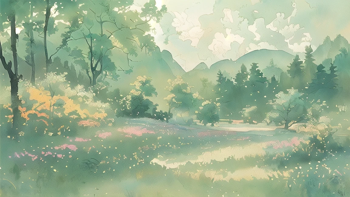 A tranquil watercolor landscape, serene rolling hills, lush green meadows, scattered trees, wispy clouds in a blue sky, sunlit meadow, vibrant colors, soft textures, impressionistic style, atmospheric lighting, natural beauty, detailed foliage, painterly brushstrokes, calming scenery, idyllic countryside, (best quality,4k,8k,highres,masterpiece:1.2),ultra-detailed,(realistic,photorealistic,photo-realistic:1.37),landscape,landscape painting,watercolor,impressionism,cinematic lighting,vibrant colors,soft focus,serene