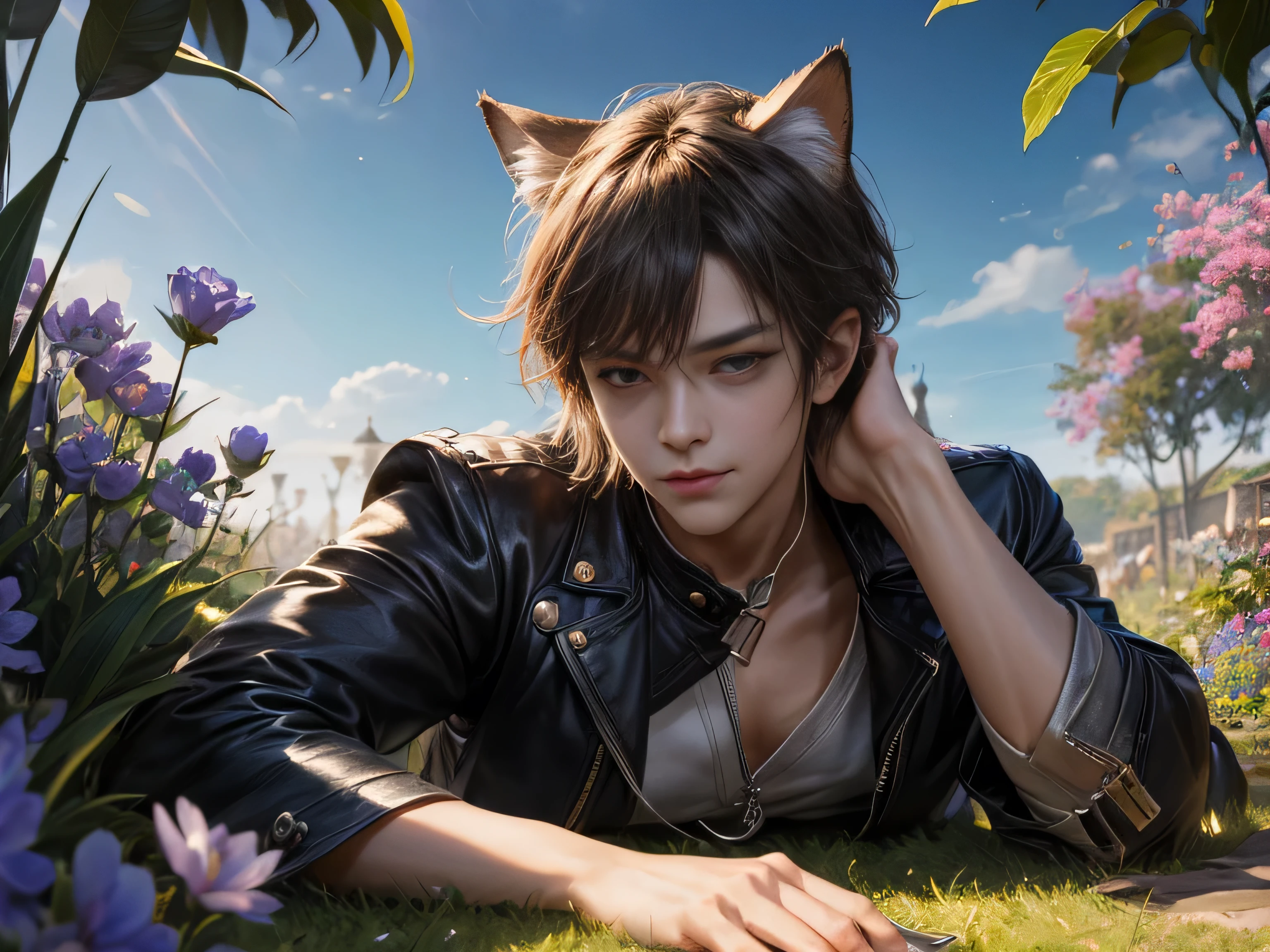 (mejor calidad, 8K, obra maestra, hdr, iluminación suave, imagen perfecta, Realista, vívido), Hay un jardín con flores azules y rosas., a handsome man with orejas de gato is lying on the grass, he has beautiful gray eyes and a kind sonrisa, pelo negro, tiene el torso desnudo con un cuerpo perfecto y pantalones de cuero negro con botas de combate., acaricia pequeños zorros lindos que yacen sobre su pecho, male, Hombre lindo, blue eyes, orejas de gato, Nada, cuerpo bombeado, sonrisa, (arte de fantasía de ultra alta calidad, majestuoso estilo de fantasía, obra maestra, ultra high quality personaje masculino design, Arte anime de calidad 8k., arte de anime realista, ilustración de papel tapiz de la más alta calidad, detailed ultra high quality accurate personaje masculino face, Diseño de alta calidad y física precisa., personaje masculino) (arte de fantasía de ultra alta calidad, estilo de fantasía oscura, obra maestra, Diseño de personajes de altísima calidad., Arte anime de calidad 8k., arte de anime realista, ilustración de papel tapiz de la más alta calidad, Precisión facial detallada de ultra alta calidad., Diseño de alta calidad y física precisa.), diferencia de color, profundidad de campo, sombras dramáticas, Rastreo de rayos, mejor calidad, Gráficos por computadora muy detallados., Fondos de pantalla 8K, [Cabello cuidadosamente renderizado [Más sobre un cabello bonito y brillante]] ,(Detalle perfecto de la mano [Hermosos dedos sin roturas. [bonitas uñas]],(anatomía perfecta (proporciones perfectas)) [ [Se parece a todo el cuerpo.]],[Combinación de colores perfecta (Simulación precisa de la interacción de la luz y el material.)], [Arte visual que transmite el significado de la historia.]