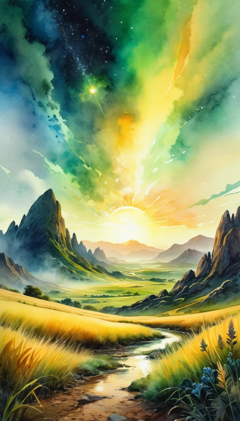 a beautiful alien landscape, watercolor painting, fantasy sci-fi scene, strange alien plants, red hills, green and yellow grass, supernova explosion in the sky, cinematic, dramatic lighting, light colors, intricate details, photorealistic, 8k, ultra-detailed, masterpiece, soft brush, watered colors and strokes