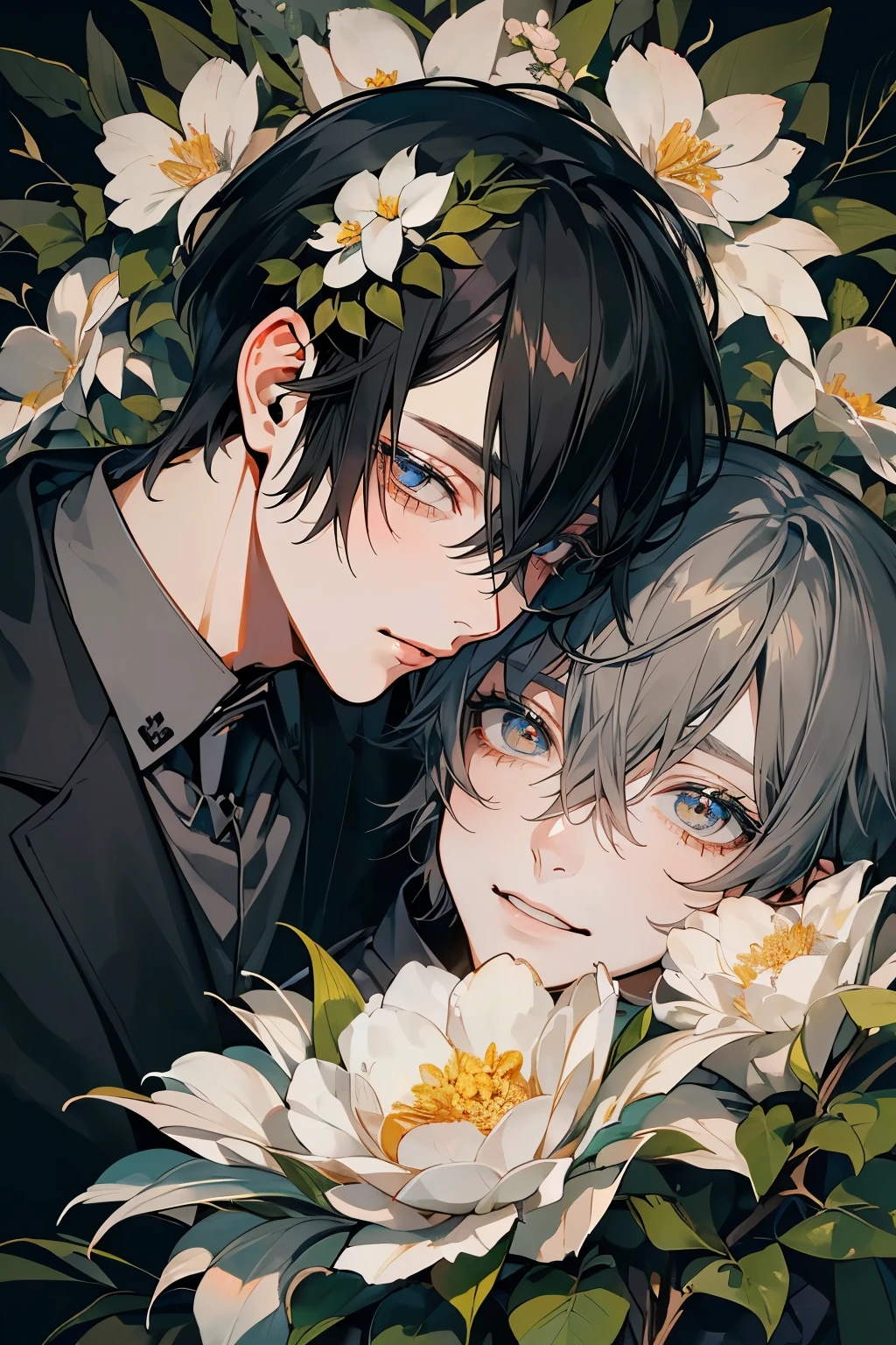 (Mastepiece), (Best Quality), Very detailed, ((Two men intimate:1.5)), Perfect Face, Beautiful Face, Very detailedな顔，(Black-haired man:1.3)，(Grey-haired man:1.3)、(smile:1.4)、flower