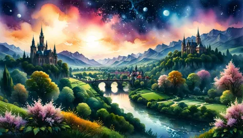 Watercolor painting, masterpiece in maximum 16K resolution, superb quality, highly detailed, ((view from the castle wall with a ...