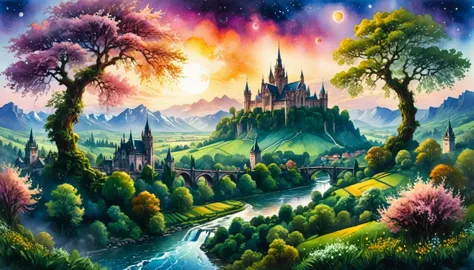 Watercolor painting, masterpiece in maximum 16K resolution, superb quality, highly detailed, ((view from the castle wall with a ...