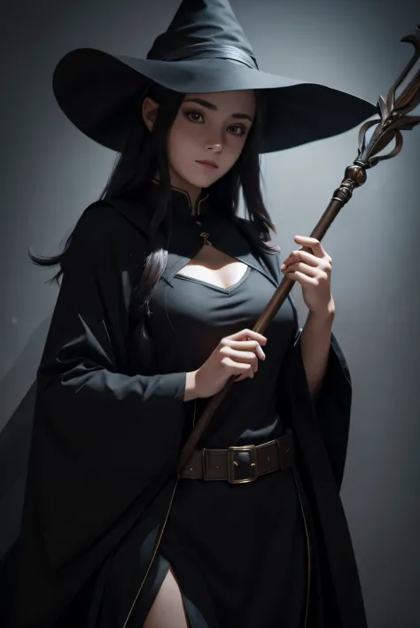 1girl, mage, cute girl in mage clothes, black pointy hat, low-cut black clothes, shadowy staff in hands, looking at viewer, swee...