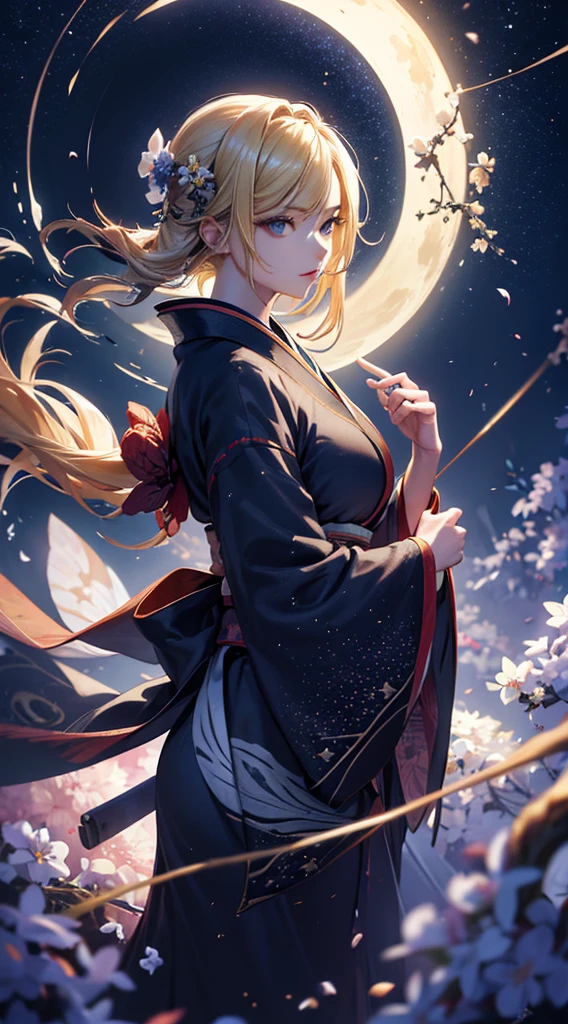 masterpiece, high quality, 4K, Beautiful design, silhouette，blonde， 非常に詳細な夜のStarry Sky,Flower Field， wonderful, Finer details,  Very knowledgeable woman, Highly detailed solo, 1 female,Big Breasts，kimono，Night view，Starry Sky，full moon，