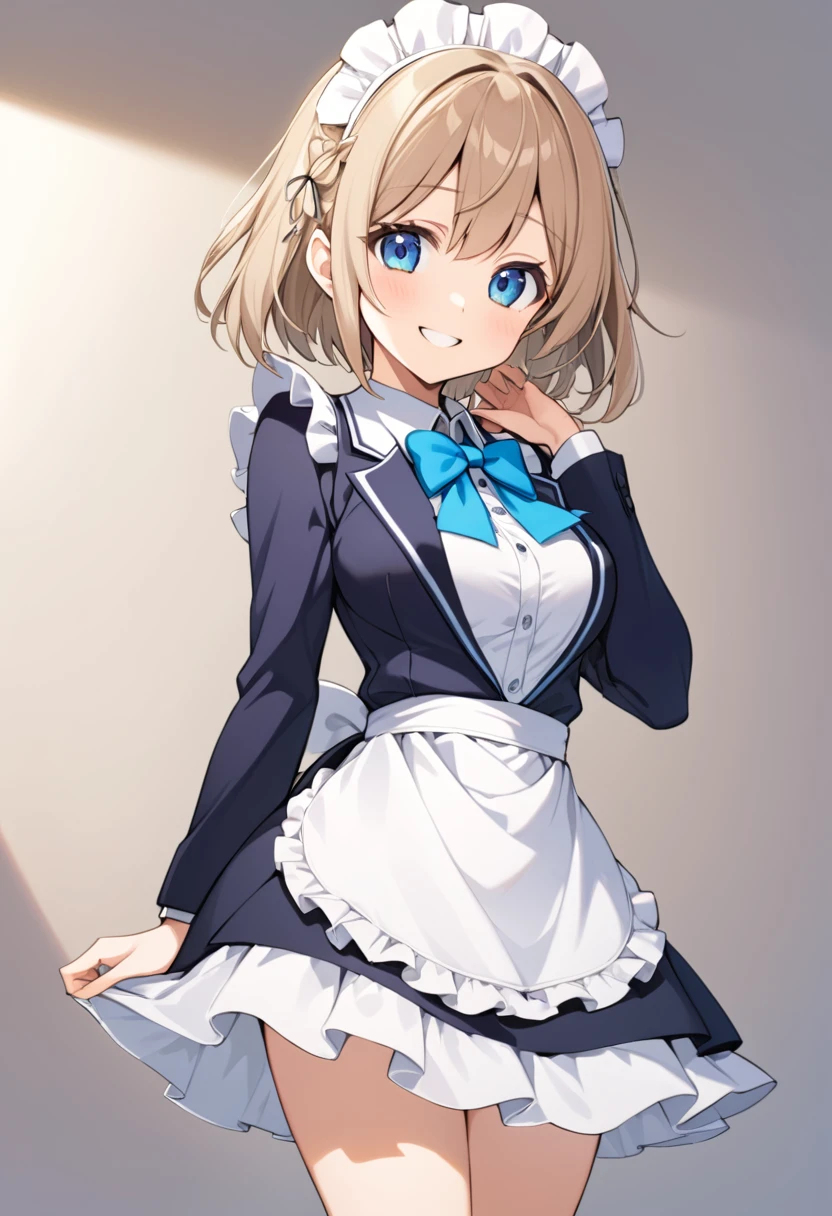 1girl,light brown color medium length hair,tareme,(blue eyes)+,kind smile,medium breasts,fusion of blazer and maid costume,