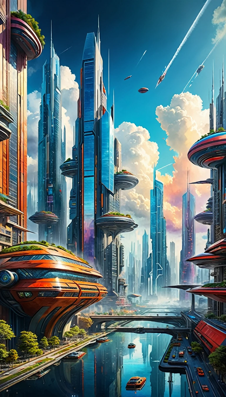 A detailed, colorful watercolor landscape of a futuristic, sci-fi modern city floating in the sky, with hard brush strokes, vivid colors, and a sense of fantasy, (best quality,8k,highres,masterpiece:1.2),ultra-detailed,(realistic,photorealistic,photo-realistic:1.37),cityscape,skyscraper,floating city,cloud city,sci-fi,fantasy,modern architecture,vivid colors,hard brush strokes,dramatic lighting,cinematic,moody atmosphere