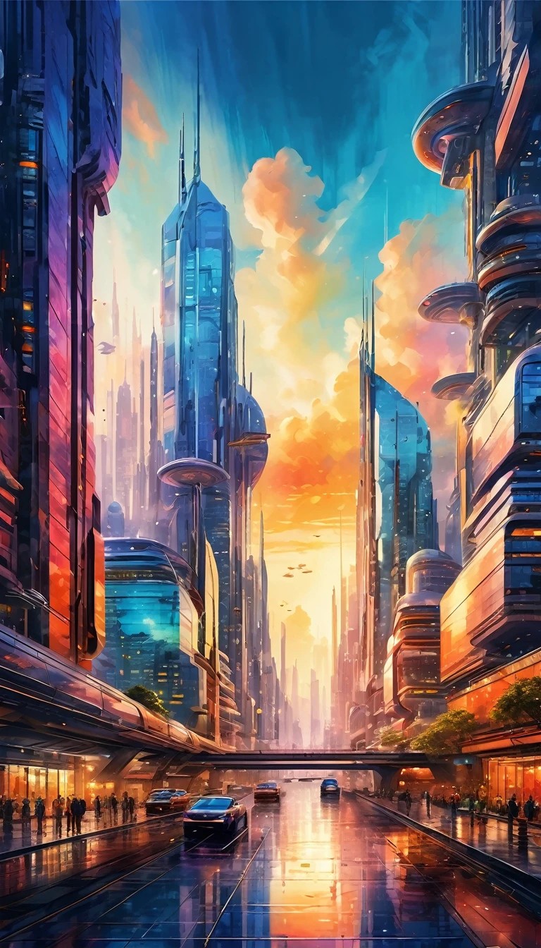 A detailed, colorful watercolor landscape of a futuristic, sci-fi modern city floating in the sky, with hard brush strokes, vivid colors, and a sense of fantasy, (best quality,8k,highres,masterpiece:1.2),ultra-detailed,(realistic,photorealistic,photo-realistic:1.37),cityscape,skyscraper,floating city,cloud city,sci-fi,fantasy,modern architecture,vivid colors,hard brush strokes,dramatic lighting,cinematic,moody atmosphere