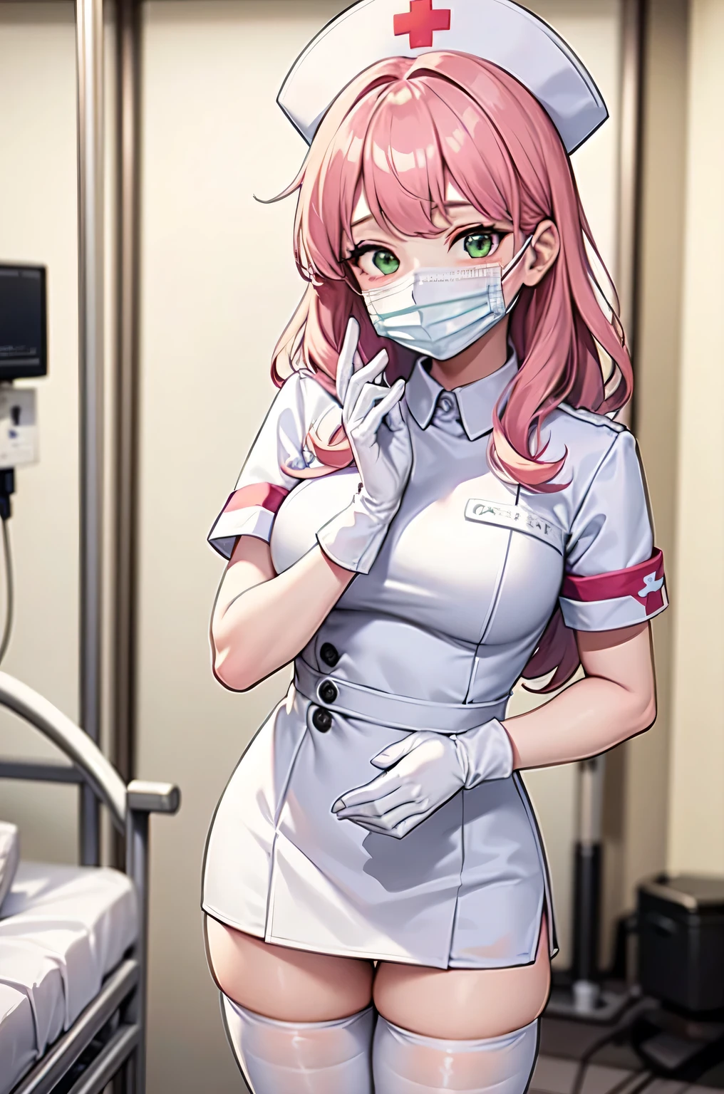 1girl, solo, nurse, white nurse cap, white nurse uniform, ((white legwear, zettai ryouiki)), white gloves, pink hair, green eyes, drooping eyes, ((white surgical mask, covered nose)), standing, ((hospital room)), sharp outline, short sleeves, best quality, masterpiece