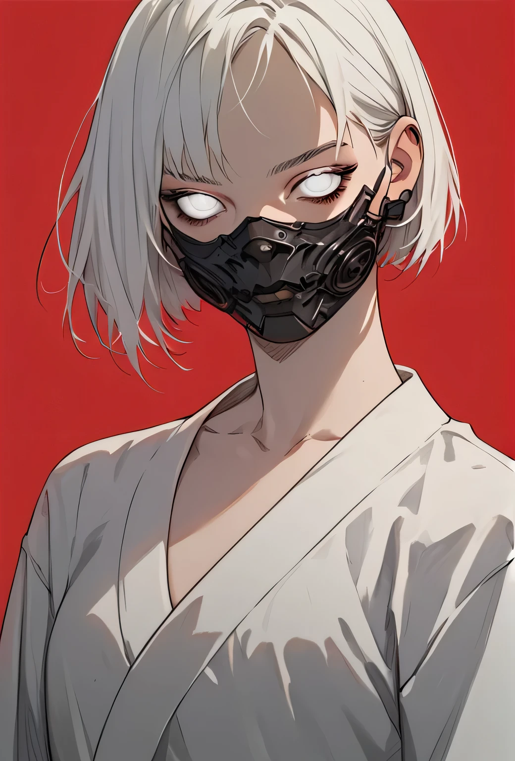 (score_9, score_8_climb), score_7_climb, zPDXL, 1 girl, white hair, short hair, timid, Lip Mask, look at viewer, white kimono, red background, Film texture, white eyes, nude art, Cowboy Shot Sinosic Style