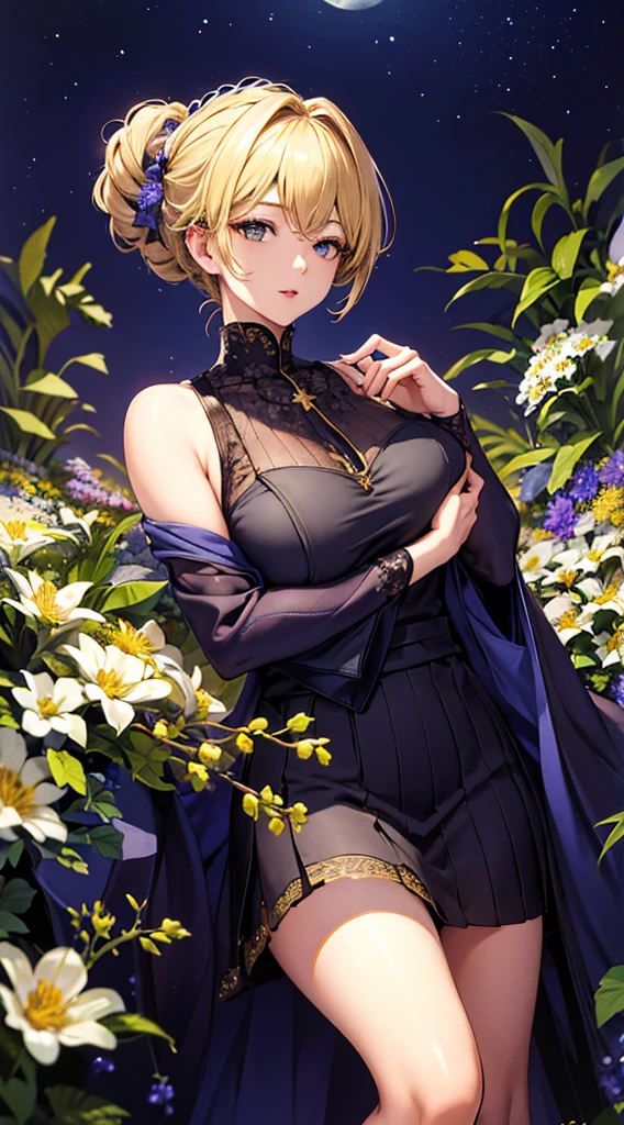 masterpiece, high quality, 4K, Beautiful design, silhouette，bionde， Highly Detailed Starry Sky at Night,Flower Field， wonderful, Finer details,  Very knowledgeable woman, Highly detailed solo, 1 female,Big Breasts， dress，Night view，Starry Sky，full moon，