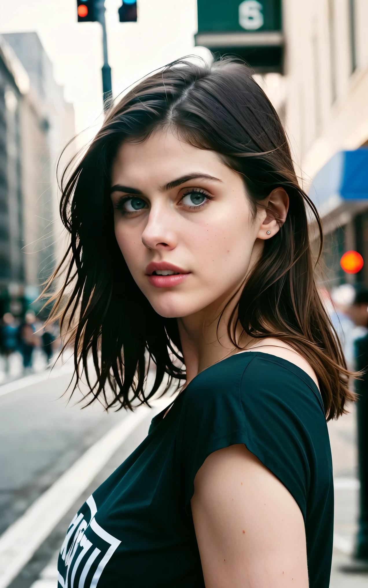 類比風格, 原始照片, 攝影, 超真實感, amateur photo shot oF a alexandra daddario wear big oversized oFF shoulder t-shirt, 在城市的街道上, 細緻的肌膚, detailed Face, soFt natural raw light, 非常詳細, 電影般的, 最好的品質, 超詳細, 非常詳細, 不要看觀眾, 偷拍, taken From mobile camera, F/22, deep depth oF Field, 糧食, 噪音