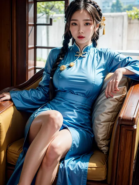 Best quality: 1.4, HD, fully lit, 1 female, big breasts, Qipao, blue, braids, Chinese architecture
