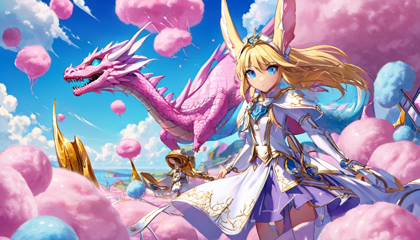 (Cryptic Force)(Extreme complexity, two subjects)(subject 1: cryptic girl, blonde, high tech suit) (subject 2: elf companion, high fantasy regal outfit, very big eyes and ears) battling a (cotton candy pink) dragon, blue prairie, ethereal, fantasy, magical realism, highly detailed, 8k, cinematic lighting, vibrant colors, dramatic composition, intricate details, imaginative, cinematic perspective, surreal, dreamlike, whimsical, beautiful, magical, (best quality,4k,8k,highres,masterpiece:1.2),ultra-detailed,(realistic,photorealistic,photo-realistic:1.37)
