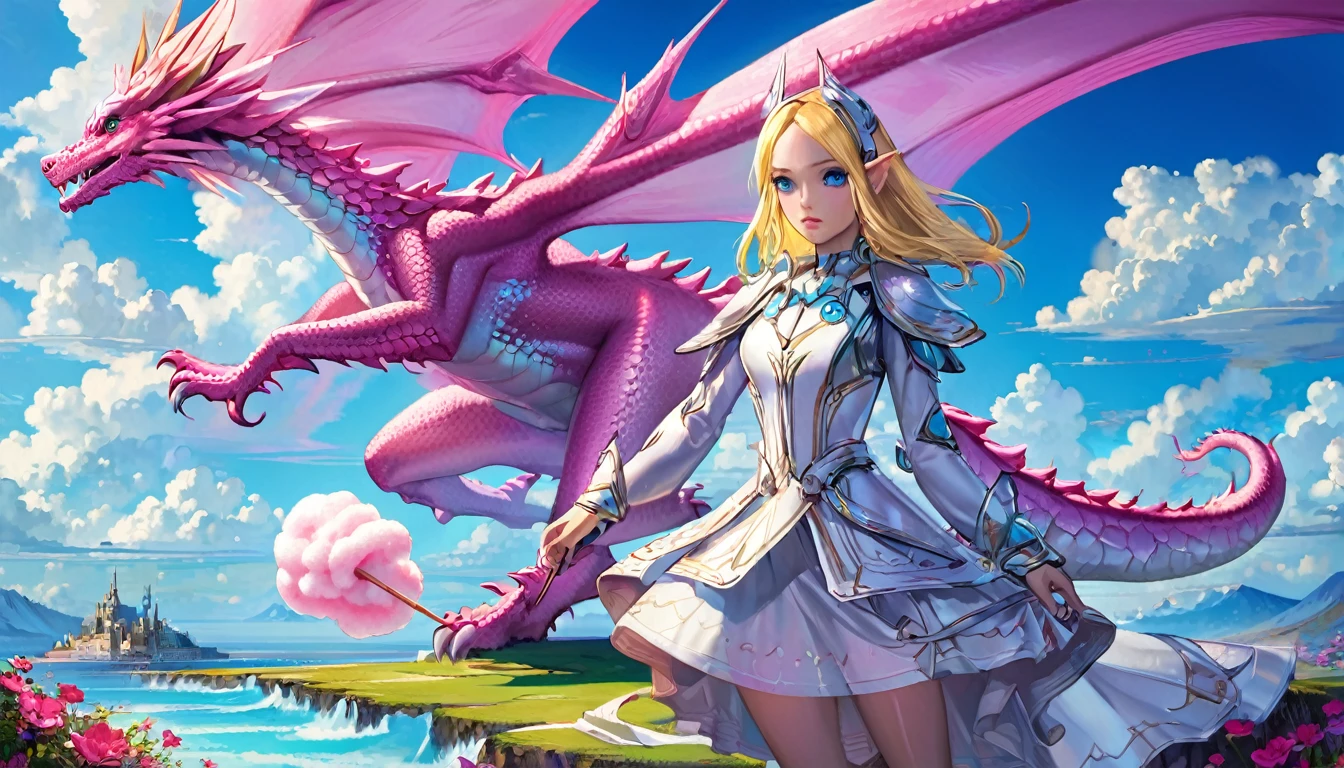 (Cryptic Force)(Extreme complexity, two subjects)(subject 1: cryptic girl, blonde, high tech suit) (subject 2: elf companion, high fantasy regal outfit, very big eyes and ears) battling a (cotton candy pink) dragon, blue prairie, ethereal, fantasy, magical realism, highly detailed, 8k, cinematic lighting, vibrant colors, dramatic composition, intricate details, imaginative, cinematic perspective, surreal, dreamlike, whimsical, beautiful, magical, (best quality,4k,8k,highres,masterpiece:1.2),ultra-detailed,(realistic,photorealistic,photo-realistic:1.37)
